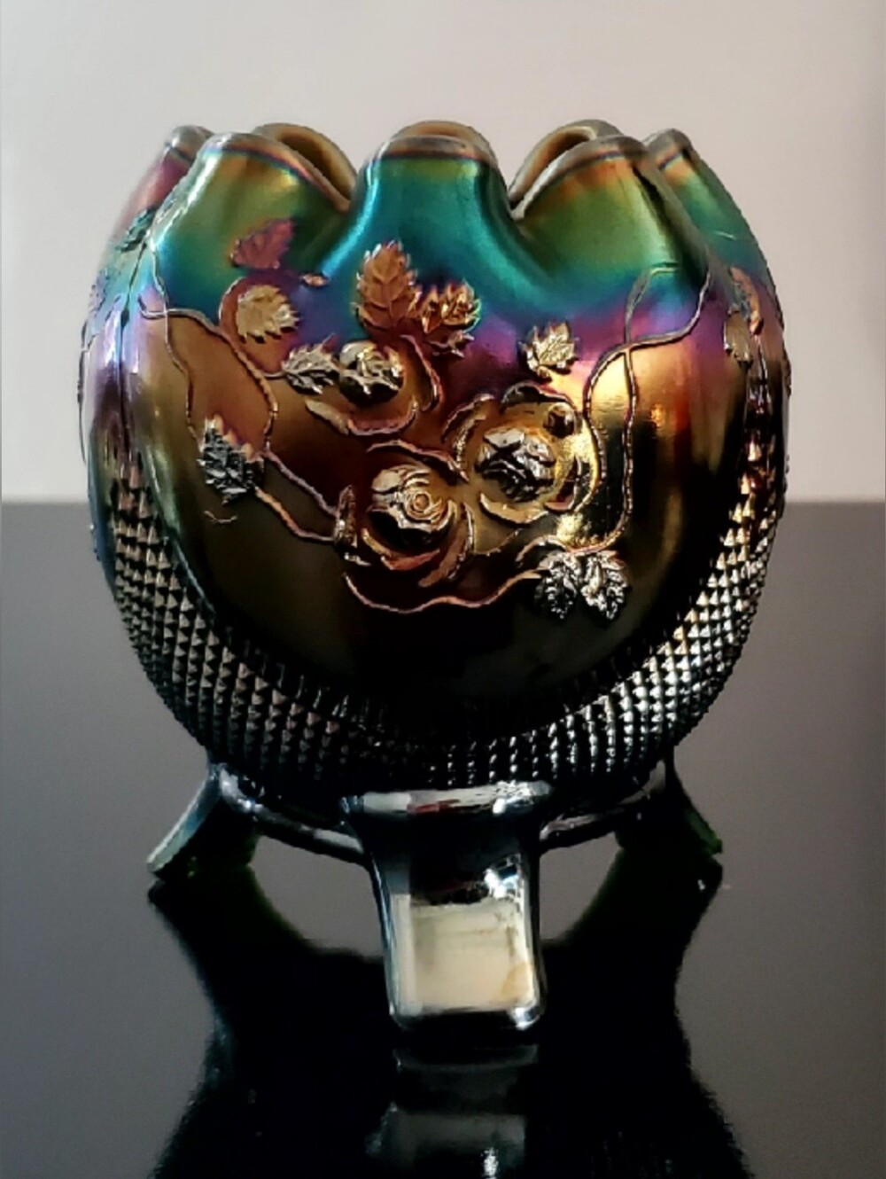 Northwood Fine Cut & Roses Green Carnival Glass Rose Bowl Marrigold Oil-Slick